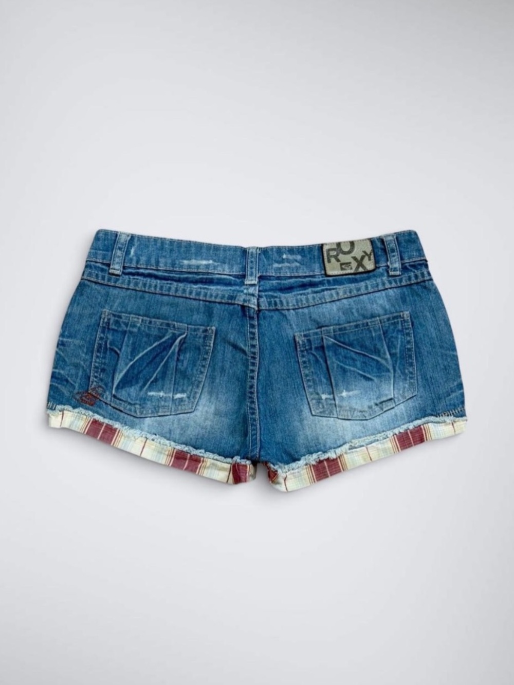 VTG Y2K Roxy Low-Mid Plaid Cuffed Micro Denim Shorts